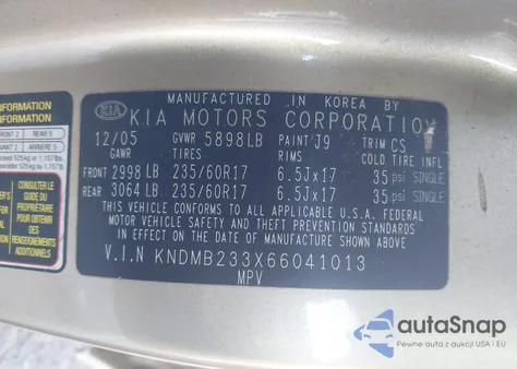 2006 Kia Sedona Ex/Lx из США, поврежденный, VIN KNDMB233X66041013